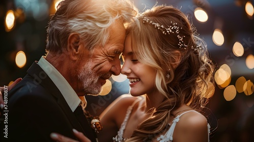 Father and daughter share a heartfelt moment on wedding dance floor. Concept Wedding Reception, Father-Daughter Dance, Emotional Moment, Family Love, Memorable Event photo