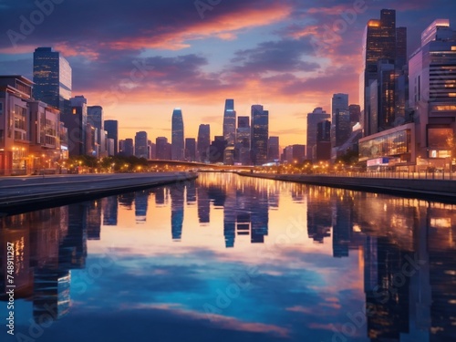 "Cityscape Reflections: A Dazzling Tapestry of Urban Lights Mirrored in Twilight Waters"