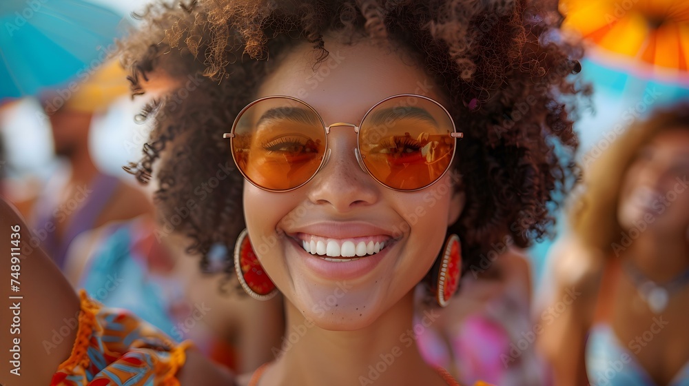 Young woman with afro hairstyle celebrating at outdoor concert with friends. Concept Afro Hairstyle, Outdoor Concert, Celebration, Friends, Young Woman Young woman with afro hairstyle celebrating at outdoor concert with friends. Concept Afro Hairstyle, Outdoor Concert, Celebration, Friends, Young Woman