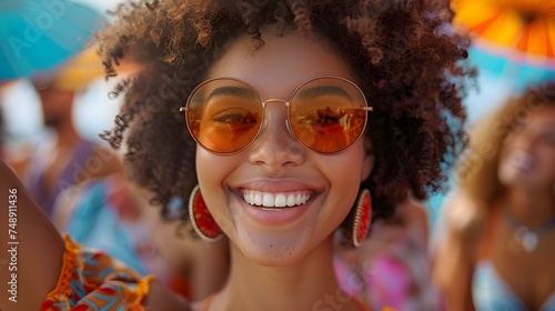 Young woman with afro hairstyle celebrating at outdoor concert with friends. Concept Afro Hairstyle, Outdoor Concert, Celebration, Friends, Young Woman