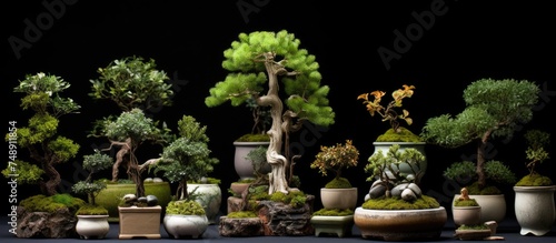 A variety of small bonsai trees and shrubs, along with gardening accessories, displayed in a home decoration garden setting.