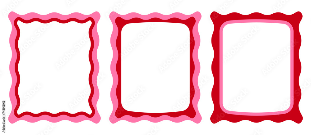 Fototapeta premium Wave frames blank template set isolated on white background. Set of smooth square with wavy line. Collection of text box in red and pink color