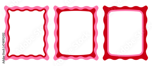 Wave frames blank template set isolated on white background. Set of smooth square with wavy line. Collection of text box in red and pink color