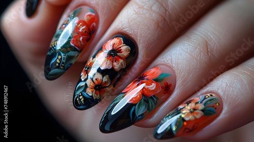 Stylish Handmade Floral Nail Art in Tropical Baroque Style
