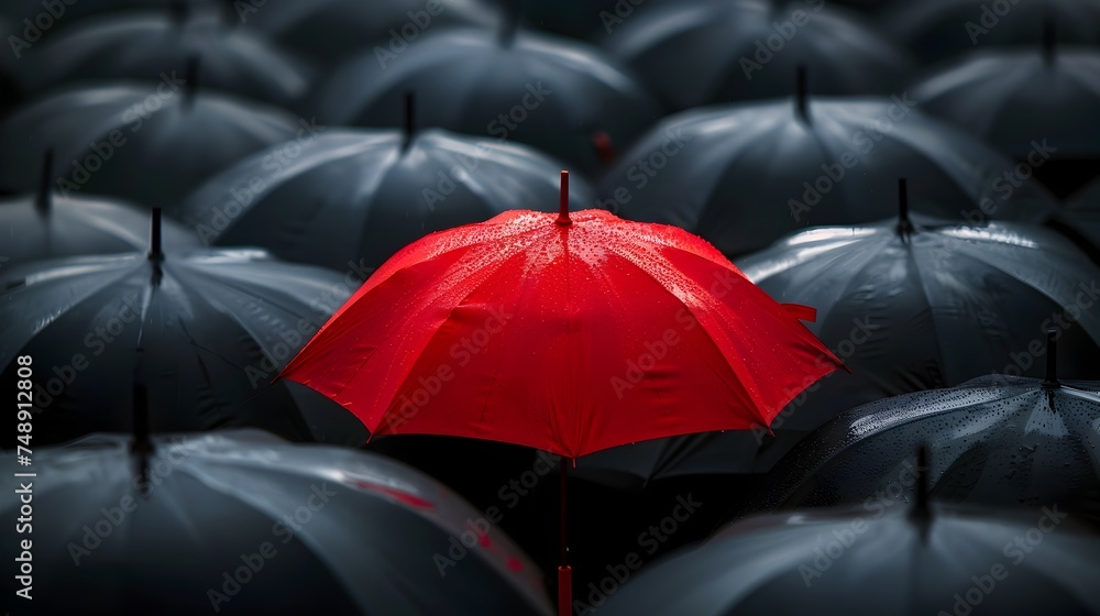 Red Umbrella Standing Out in a Sea of Black Umbrellas