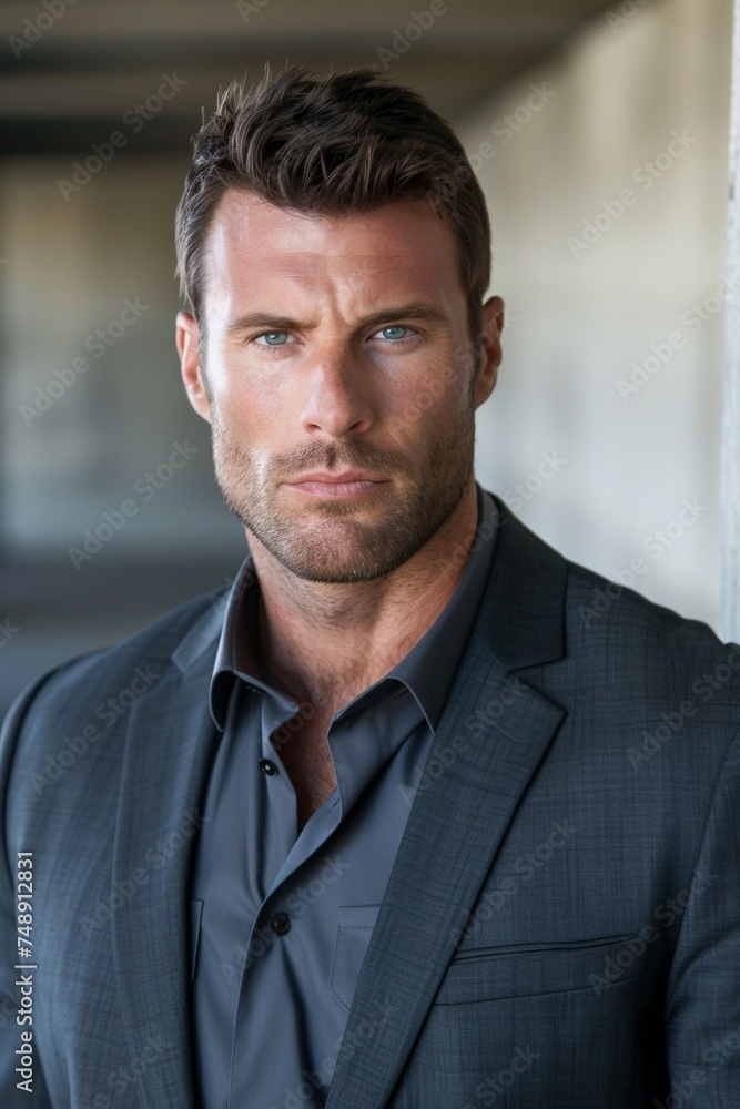 In the website photograph, an ex-military vibe emanates from a Navy SEAL man, elegantly attired in casual business wear including a suit jacket and shirt In the website photograph, an ex-military vibe emanates from a Navy SEAL man, elegantly attired in casual business wear including a suit jacket and shirt
