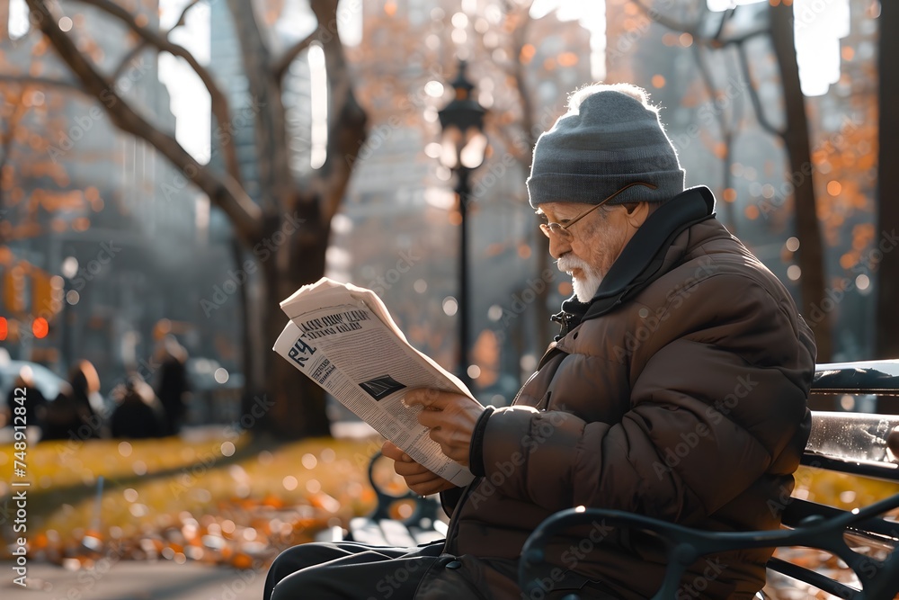 Elderly Man Reading Newspaper on Bench in NYC Park - obrazy, fototapety, plakaty 