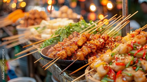 Thai Street Food Stands Filled with Food on Sticks at Night Market