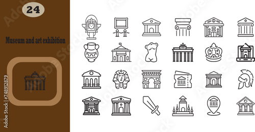 Museum and art exhibition editable stroke outline icons set isolated on white background flat vector illustration