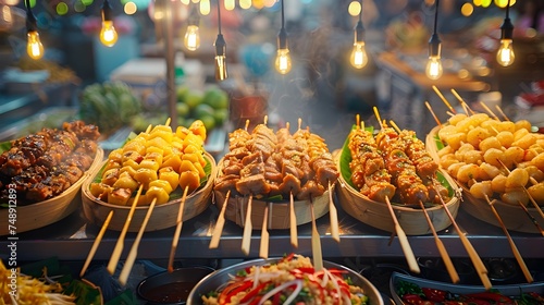 Thai Street Food Stalls with Glowing Lights
