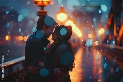 Romantic Couple Embracing in the Rain at Night by Budapest Bridge