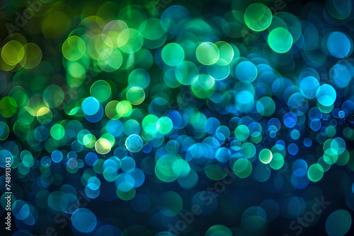 Blue and green bokeh lights background. Abstarct blurred glitter backdrop. Defocused light. Design for banner, wallpaper. Festive glowing particles, sparkle