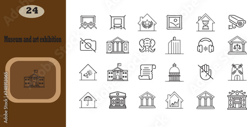 Museum and art exhibition editable stroke outline icons set isolated on white background flat vector illustration