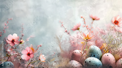 Spring flowers and Easter eggs on a dreamy Easter background, painted with soft watercolor paints that convey the delicate beauty of the bright Easter holiday photo