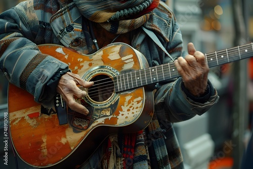 Elderly Man Playing Guitar on a Street in an Old City Area