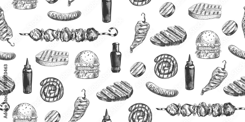 Seamless pattern with grilled meat. Barbecue collection. Background bbq food. Grilled steak, sausage, vegetables, fish, shish kebab. Sketch style hamburger, sauce packaging. Engraved illustration