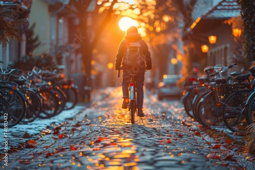 A cyclist ventures down a cobblestone street lined with bikes and glowing streetlights, as the golden sunset creates a captivating ambiance photo