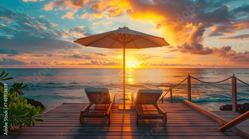 Two Lounge Chairs and Table with Umbrella on a Wood Deck at Sunset