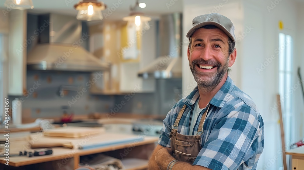 Contractor Smiling During Rustic Kitchen Remodel Project