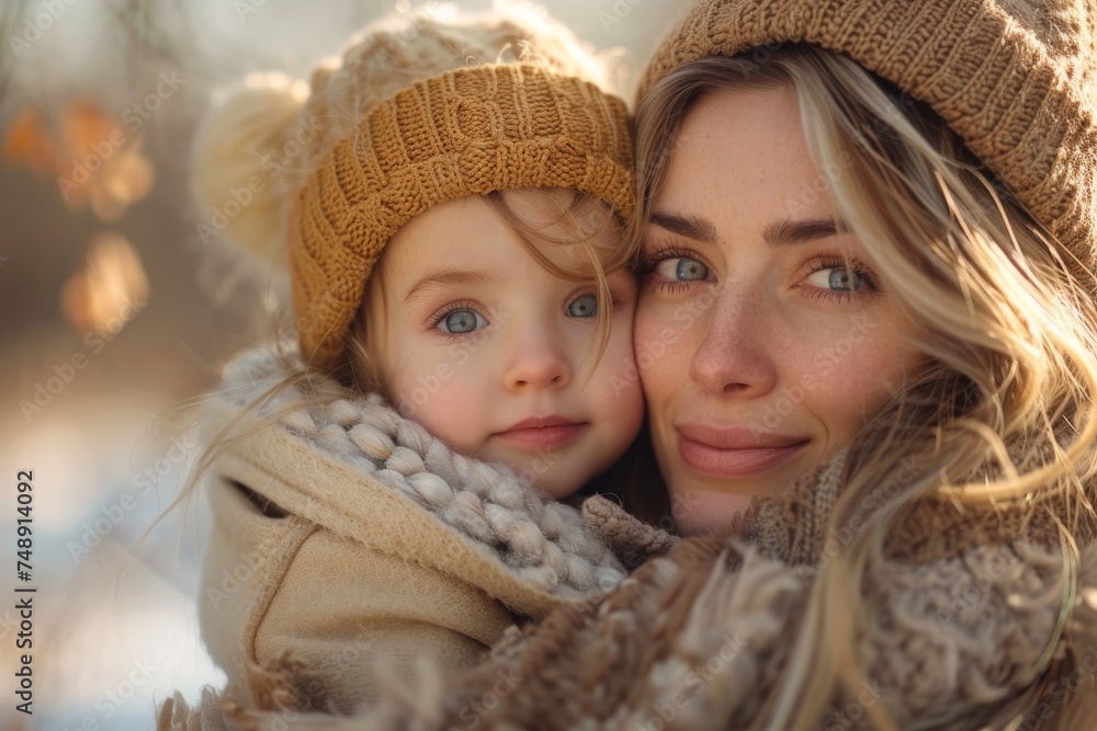 Warmly lit portrait of a smiling mother and child bundled in winter clothing embracing outdoors Warmly lit portrait of a smiling mother and child bundled in winter clothing embracing outdoors