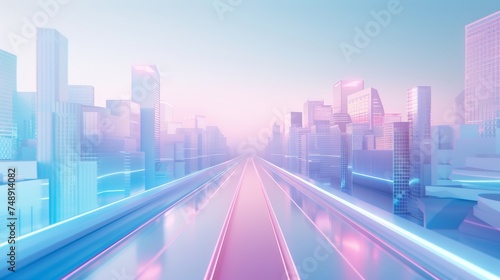 Futuristic pastel blue and pink city with a highway and skyscrapers, Futuristic aesthetic modern cityscape, Buildings and a road in the future, a 3d render of a smart city photo