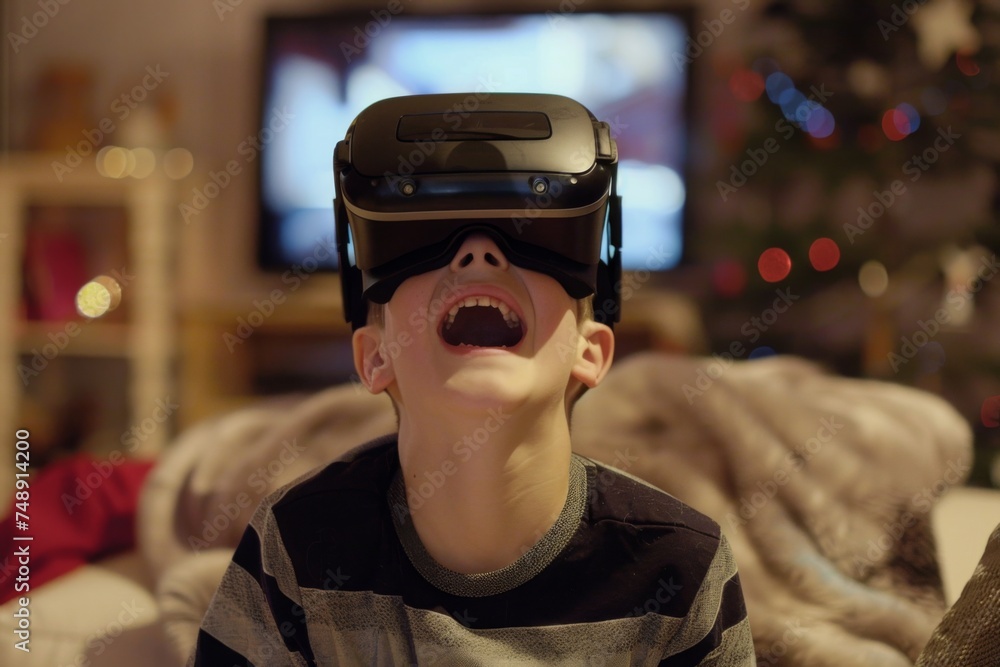 young boy virtual reality, at home, happy mockup screen young boy virtual reality, at home, happy mockup screen