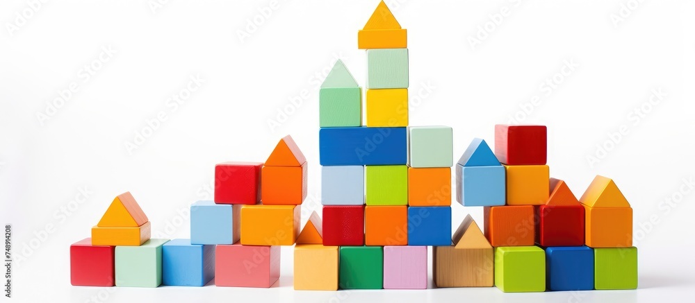A collection of vibrant wooden blocks stacked in a playful manner on a ...