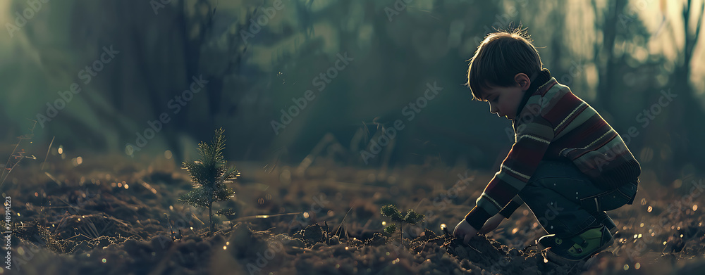 Boy planting a tree in the dirt, in the style of bokeh panorama - obrazy, fototapety, plakaty 