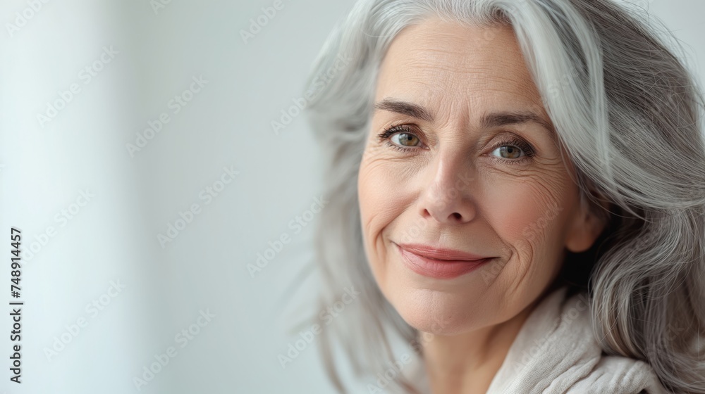 A close-up of a senior lady with a subtle smile, silver hair, and wise, kind eyes, exuding a calm and serene demeanor A close-up of a senior lady with a subtle smile, silver hair, and wise, kind eyes, exuding a calm and serene demeanor
