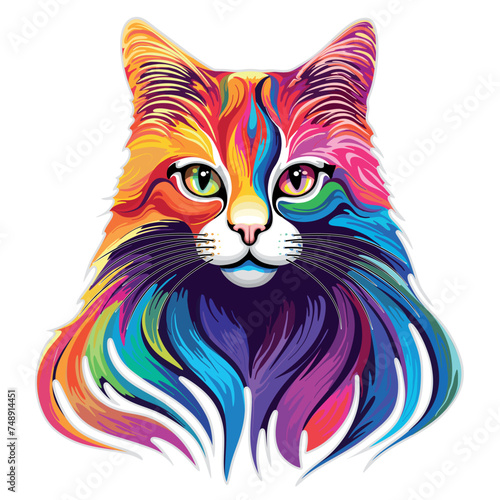 Cat Portrait Surreal Main Coon rainbow colors vector illustration isolated on white (ID: 748914451)