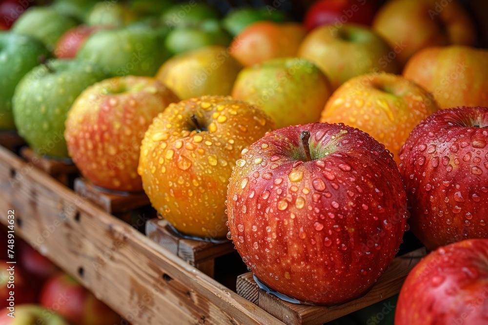 Close-up of vibrant, dew-kissed apples neatly arranged in a market crate, emphasizing freshness and organic produce Close-up of vibrant, dew-kissed apples neatly arranged in a market crate, emphasizing freshness and organic produce