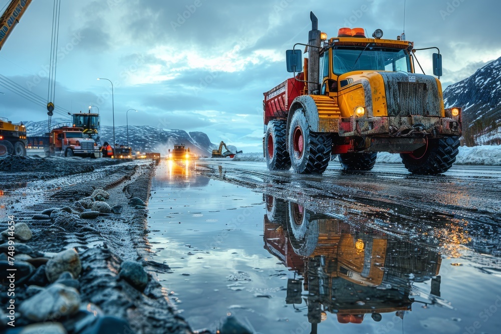 Evening road construction scene with heavy machinery and workers, reflecting lights creating a beautiful yet industrial atmosphere Evening road construction scene with heavy machinery and workers, reflecting lights creating a beautiful yet industrial atmosphere