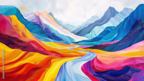 A road leads into the mountains, colorful painting, abstract background