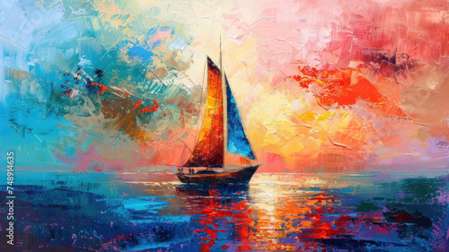 A sailing ship on the sea at sunset, colorful painting, abstract background