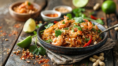 Thai Noodles with Shrimp and Lime in a Soft-focus Bowl photo