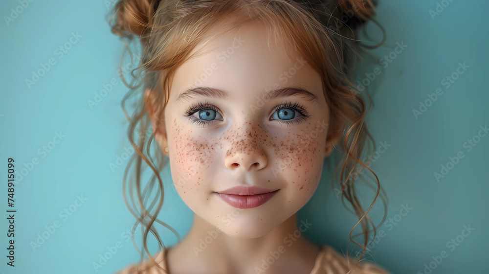 little girl portrait in a blue background little girl portrait in a blue background