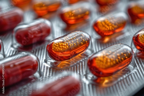 This macro shot showcases a plethora of red and orange translucent capsules neatly packed in a blister pack, highlighting modern pharmaceuticals