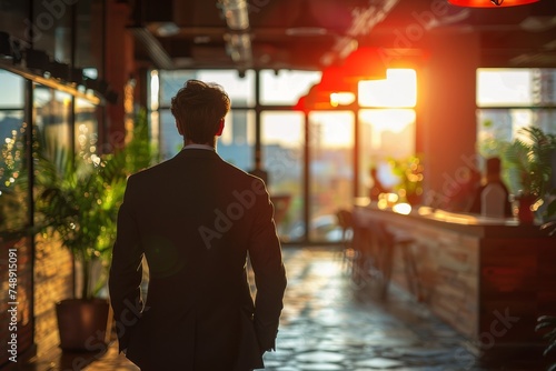 A silhouetted young businessman stands in a modern office at sunset, his back to the camera, contemplating the urban skyline