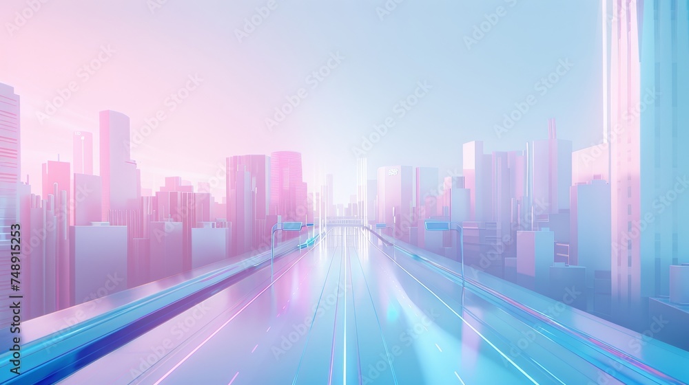 Futuristic pastel blue and pink city with a highway and skyscrapers, Futuristic aesthetic modern cityscape, Buildings and a road in the future, a 3d render of a smart city - obrazy, fototapety, plakaty 