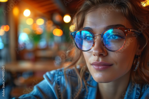 Stylish young woman in a café wearing glasses with blue reflective lenses, projecting sophistication and modern lifestyle