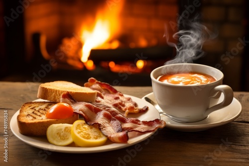 English breakfast served in a homely kitchen, with a steaming cup of tea