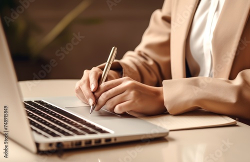 a businesswoman writes in an old notebook while sitting next to a laptop keyb...