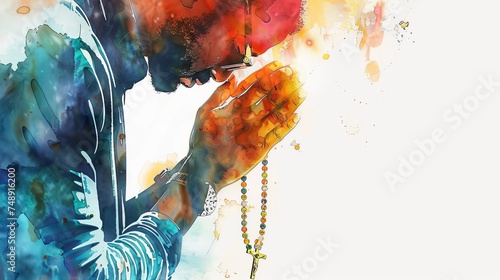 A man is praying, holding a rosary, wearing a pant shirt, with a white background and a watercolor style. photo