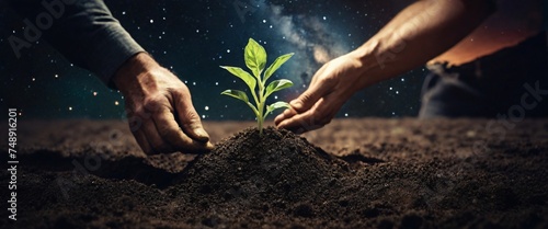 Expert hand of farmer checking soil health before growth a seed of vegetable or plant seedling, Business or ecology concept, In the background is the Milky Way galaxy. Stylish in the style of double photo