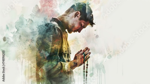 A man is praying, holding a rosary, wearing a pant shirt, with a white background and a watercolor style.