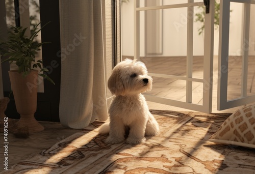 a dog sits on a rug in front of open door