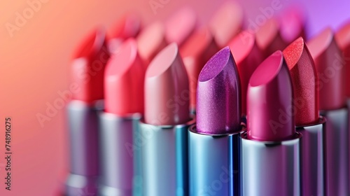 A colorful shot of a collection of unbranded lipsticks arranged in a gradient...