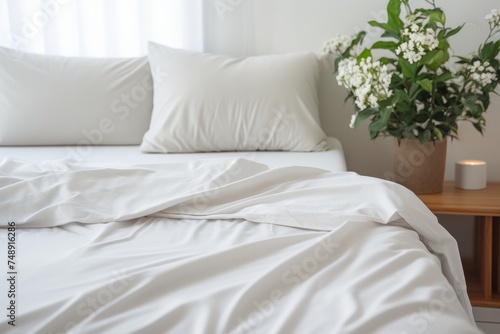 a bedsheet lying on a white bed