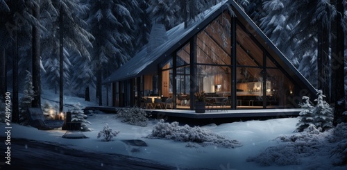 a cabin sits in the middle of a snowy forest
