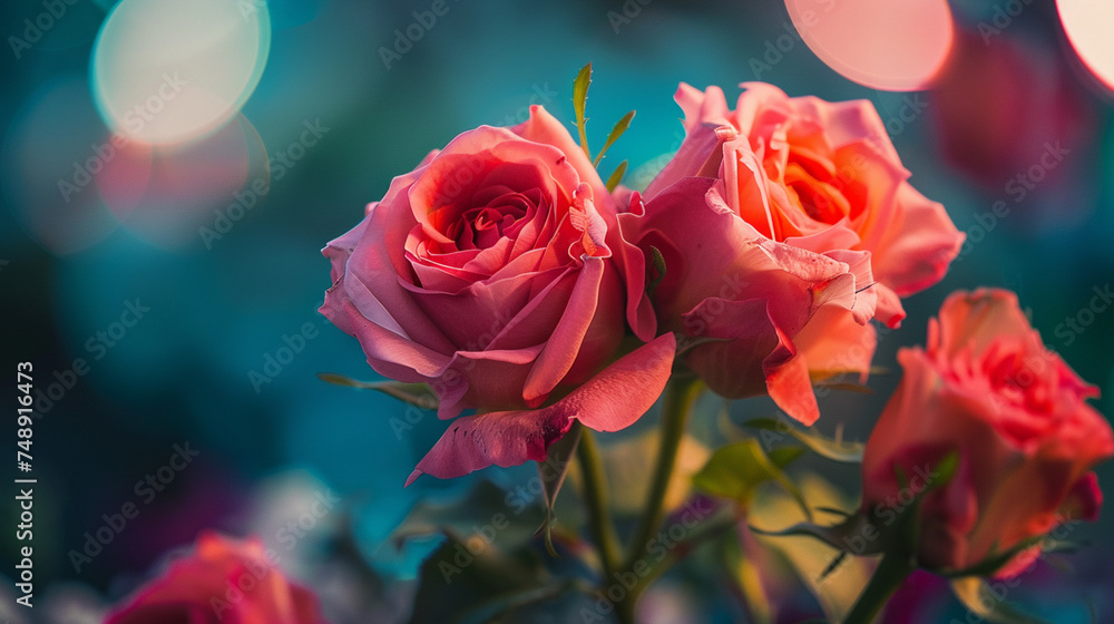 A bouquet of pink roses with a blue background. The roses are in full bloom and are the main focus of the image. The blue background adds a sense of calmness and serenity to the scene A bouquet of pink roses with a blue background. The roses are in full bloom and are the main focus of the image. The blue background adds a sense of calmness and serenity to the scene